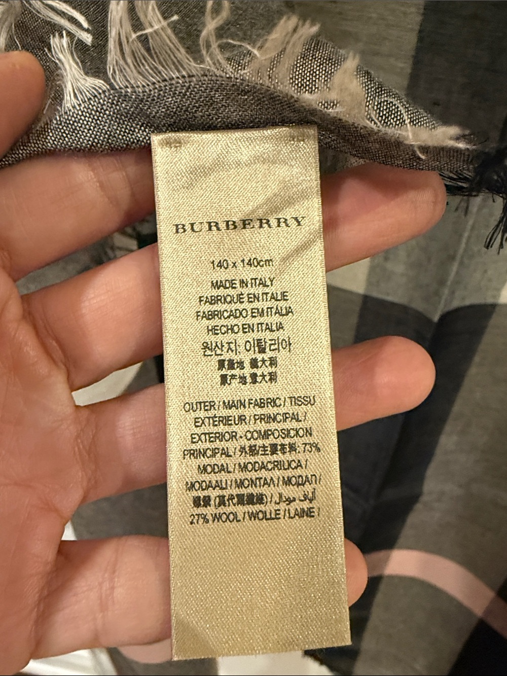 NWOT. Burberry Black Gray Check Modal Wool Square Scarf - Picture 8 of 13